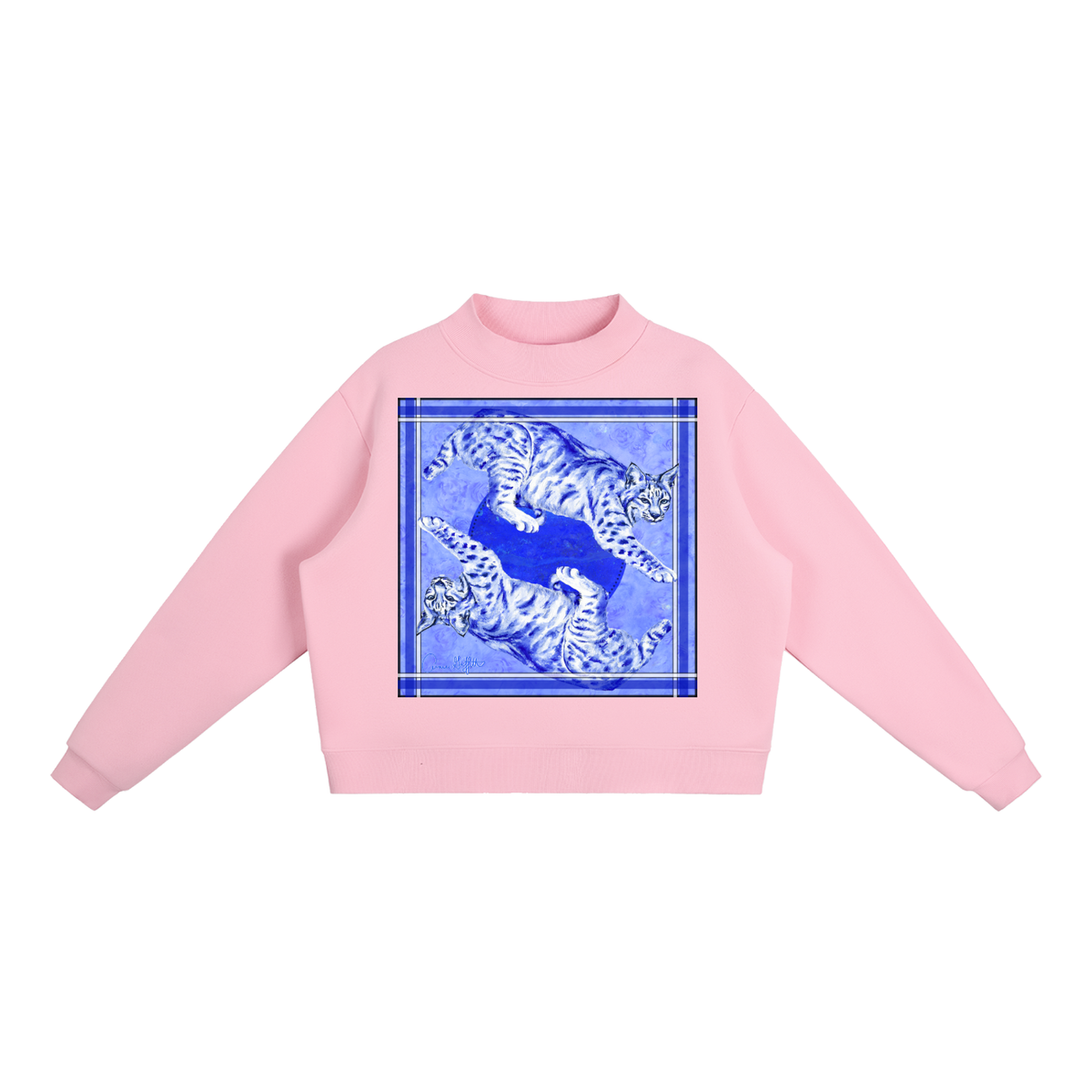 Big Blue Cats - Artist Designed Fleece Mock-Neck Crew Sweatshirt