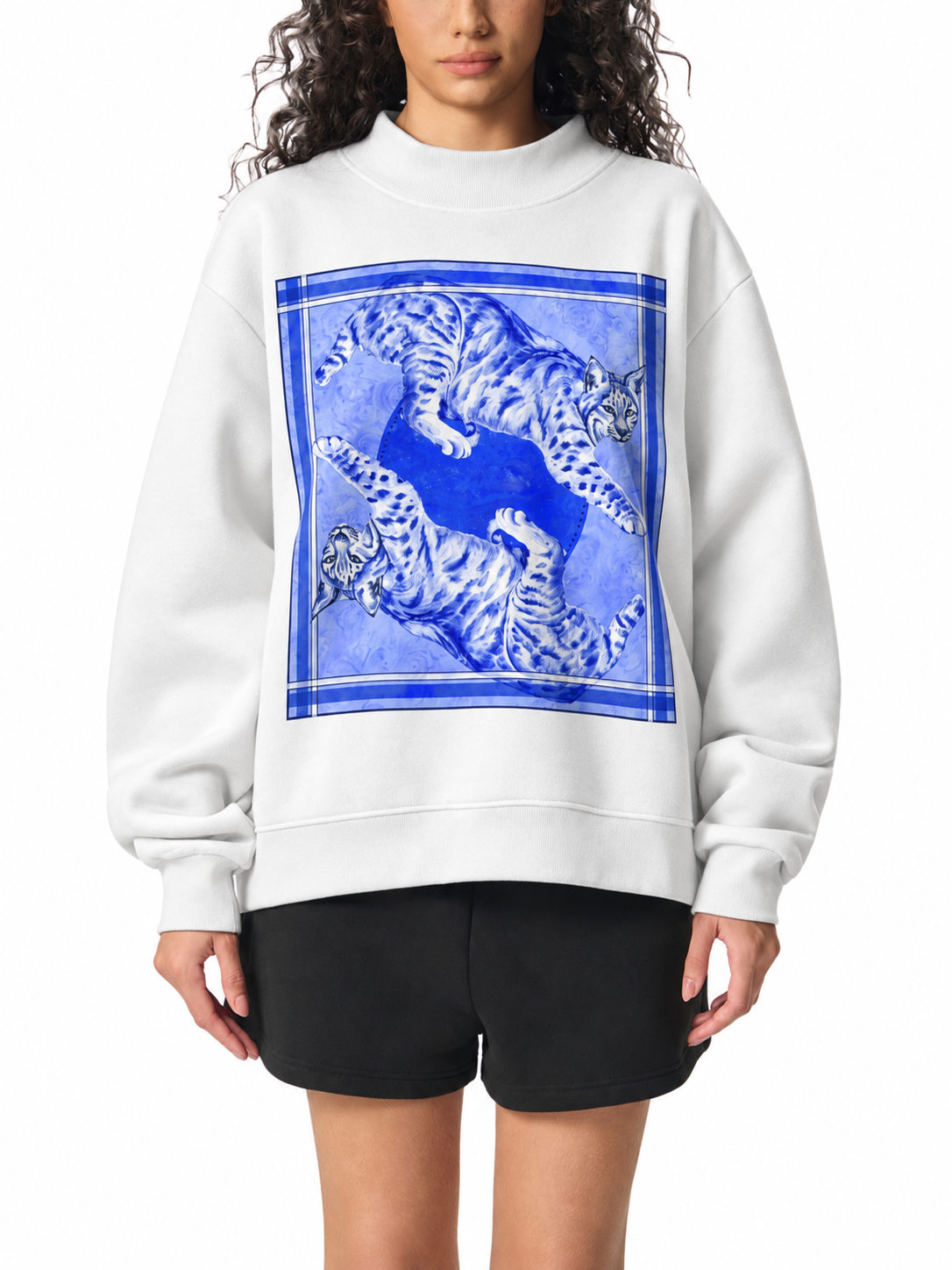 Big Blue Cats - Artist Designed Fleece Mock-Neck Crew Sweatshirt