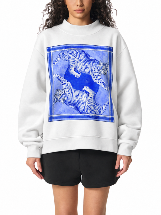Big Blue Cats - Artist Designed Fleece Mock-Neck Crew Sweatshirt
