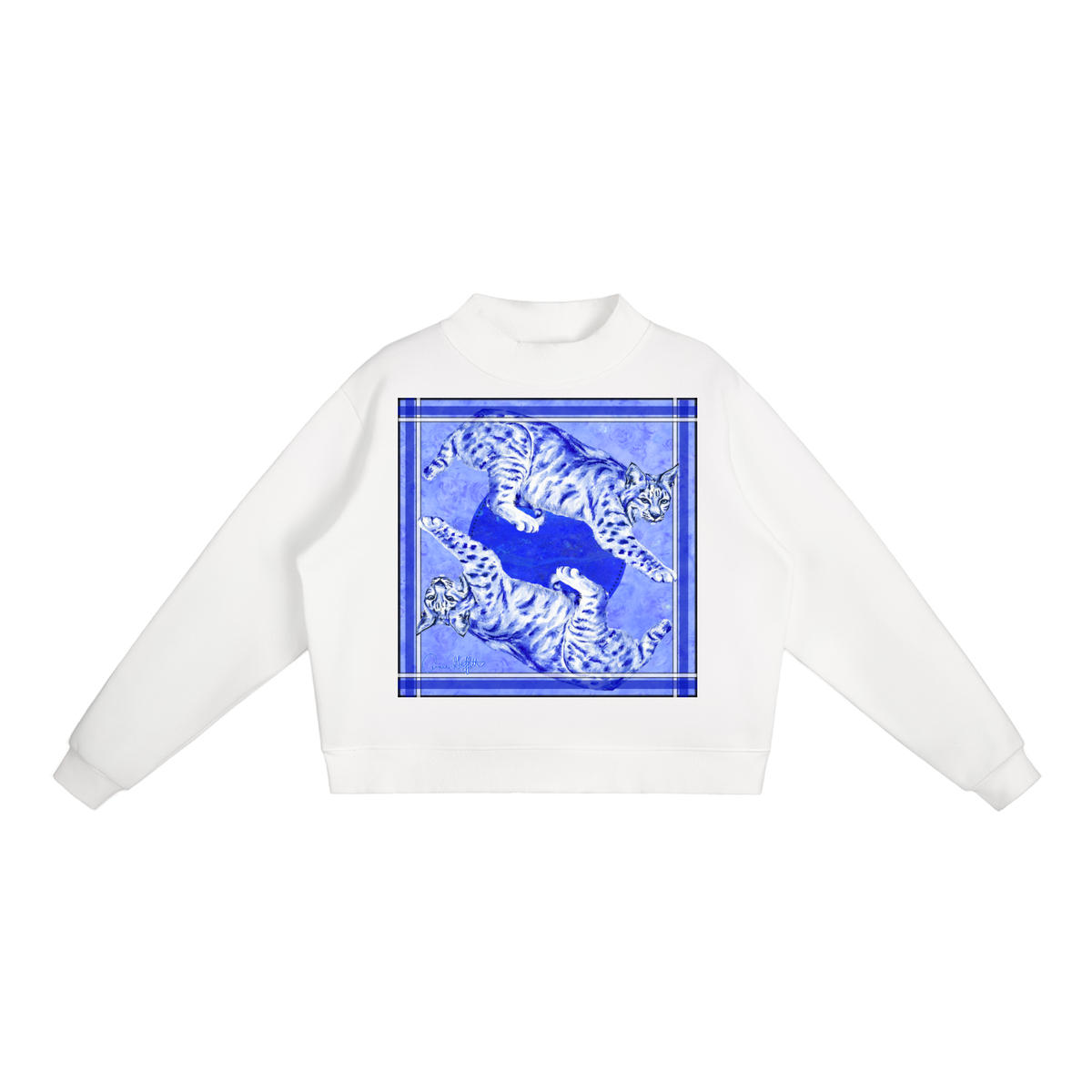 Big Blue Cats - Artist Designed Fleece Mock-Neck Crew Sweatshirt