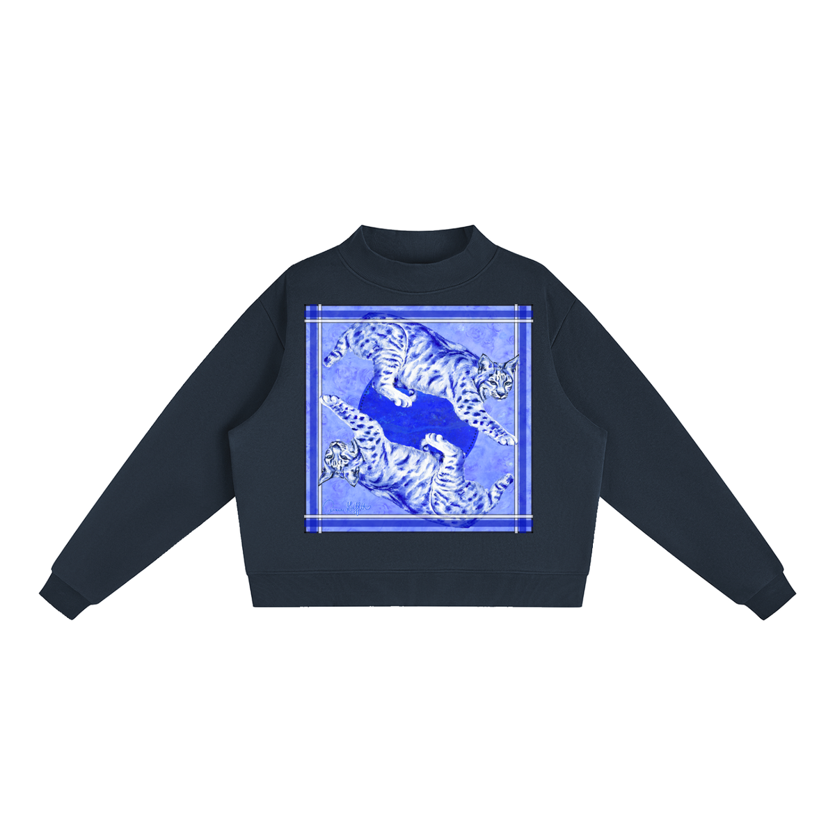 Big Blue Cats - Artist Designed Fleece Mock-Neck Crew Sweatshirt