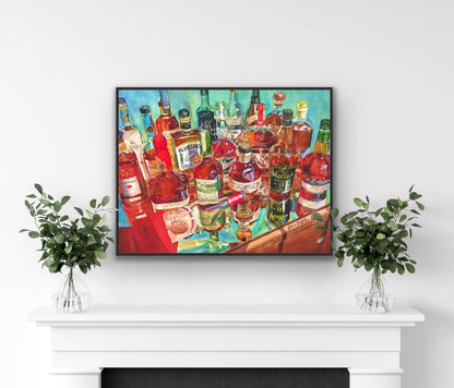 Top Shelf Bourbon Art Print - Whiskey Still Life Watercolor