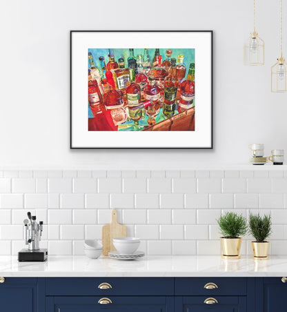 Top Shelf Bourbon Art Print - Whiskey Still Life Watercolor