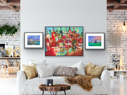 Top Shelf Bourbon Art Print - Whiskey Still Life Watercolor