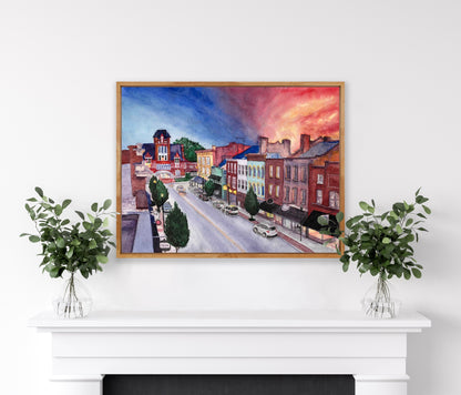 Bourbon Capital Charm: Watercolor Sunset of downtown Bardstown, KY