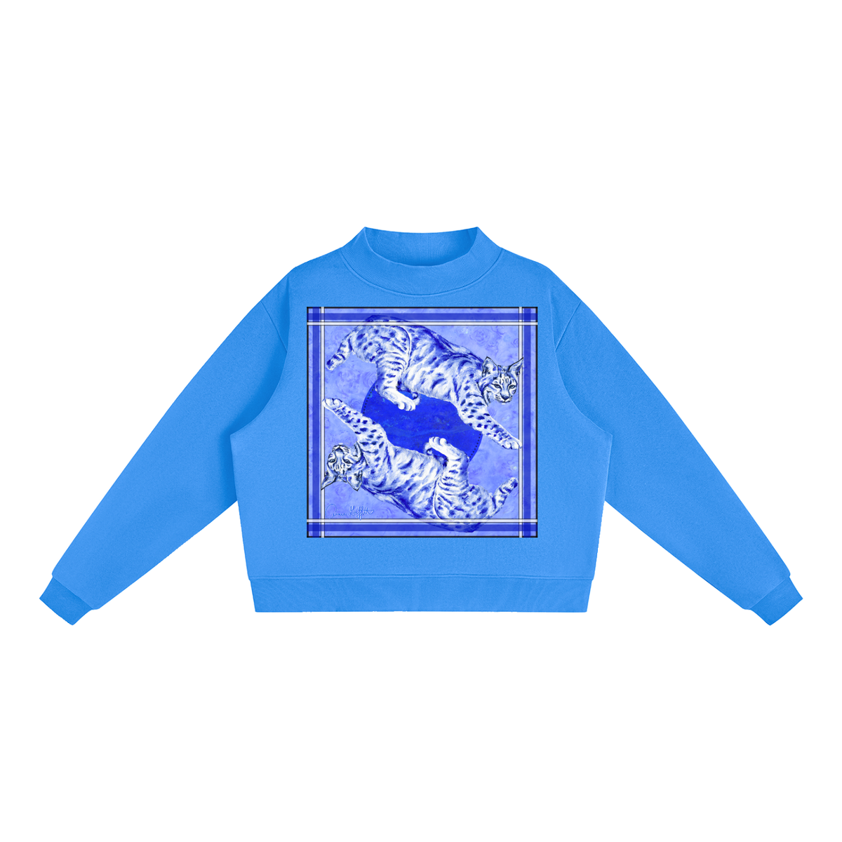 Big Blue Cats - Artist Designed Fleece Mock-Neck Crew Sweatshirt
