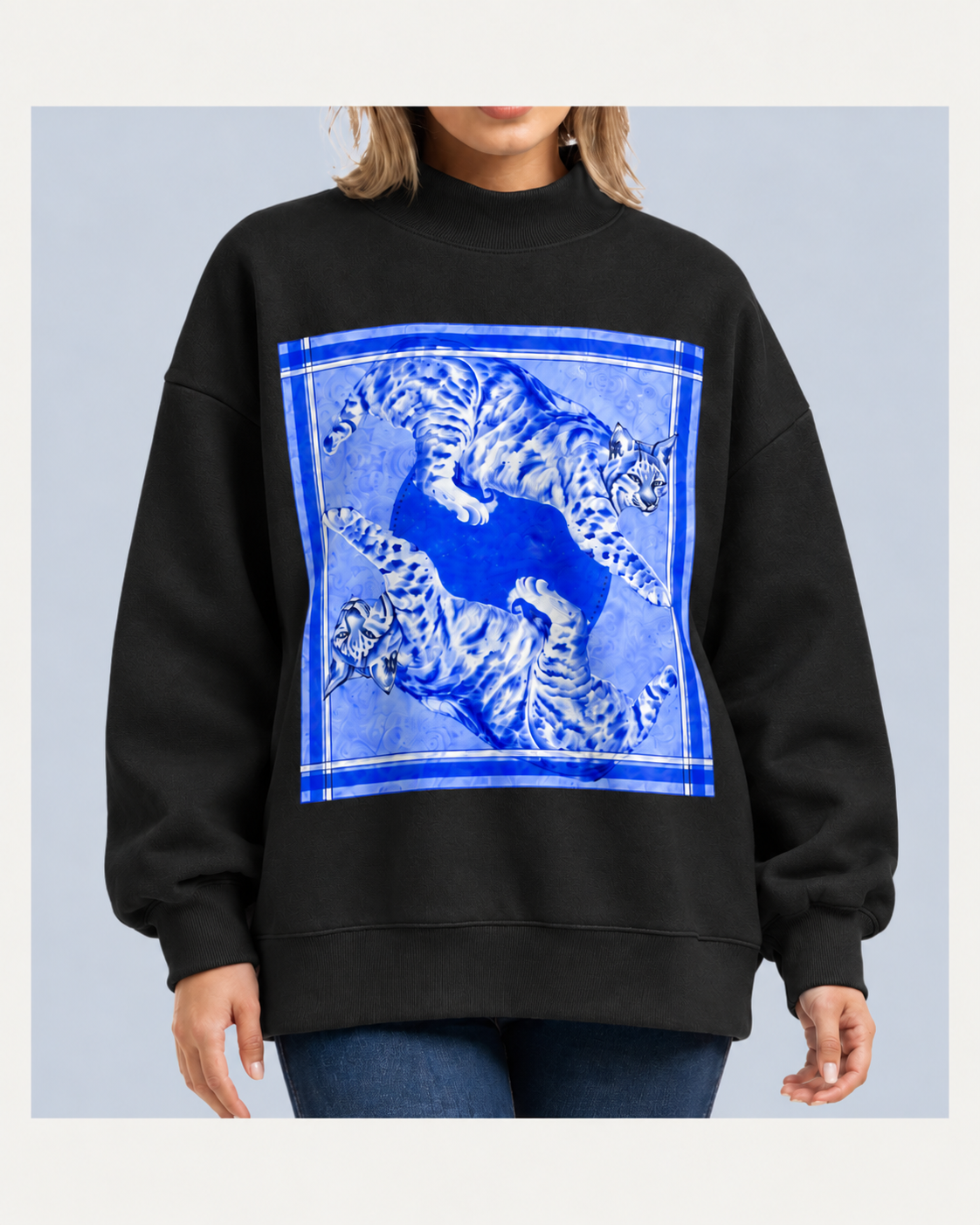 Big Blue Cats - Artist Designed Fleece Mock-Neck Crew Sweatshirt