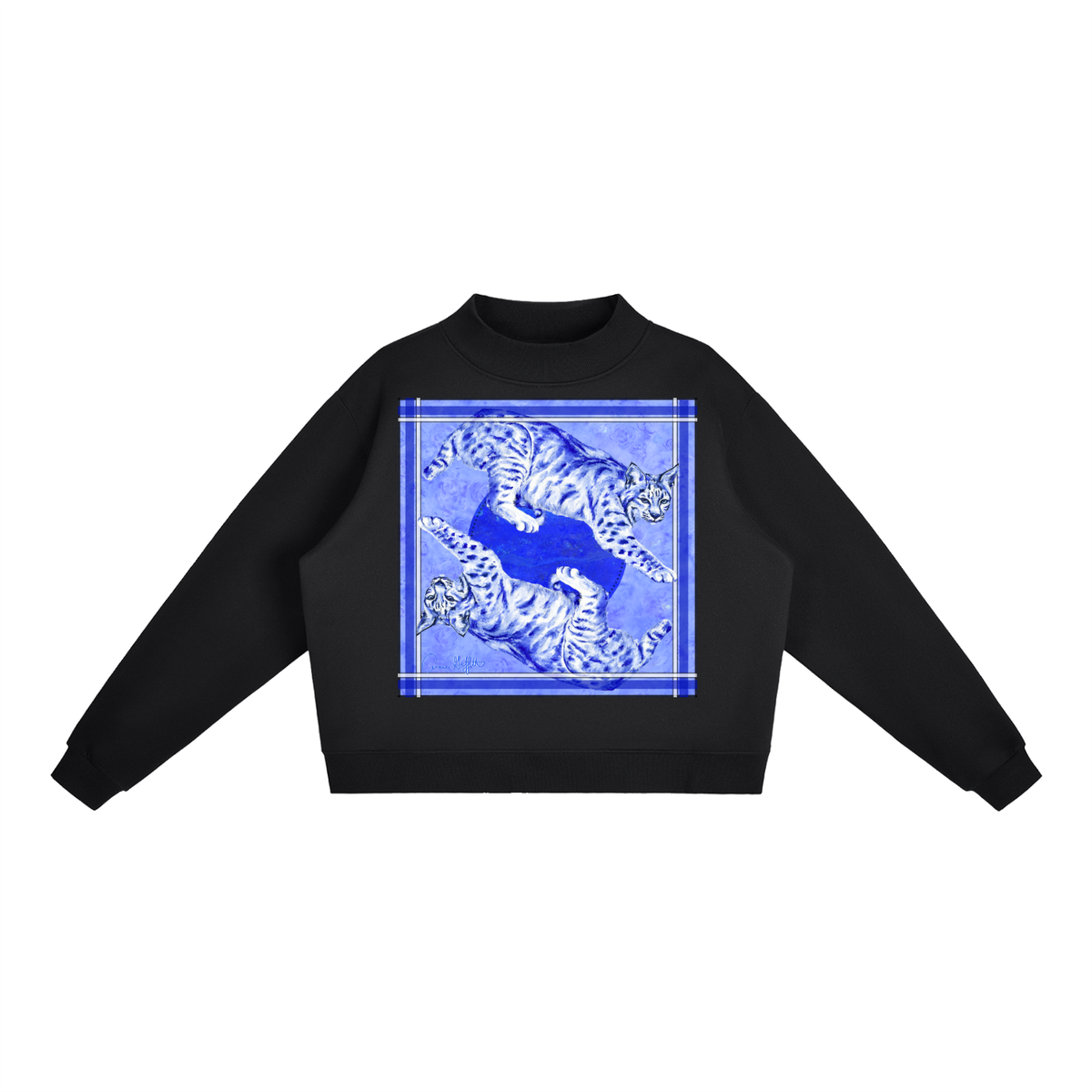 Big Blue Cats - Artist Designed Fleece Mock-Neck Crew Sweatshirt