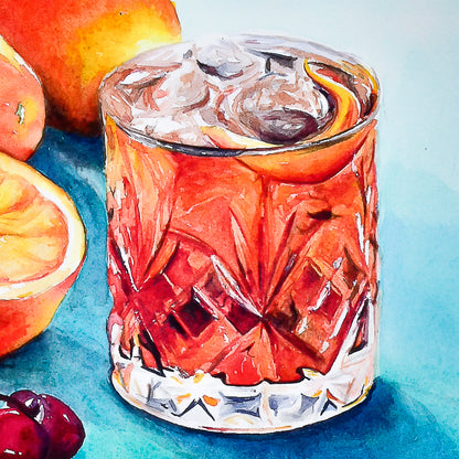 Old Fashioned Cocktail Watercolor Painting: Bourbon Art Print