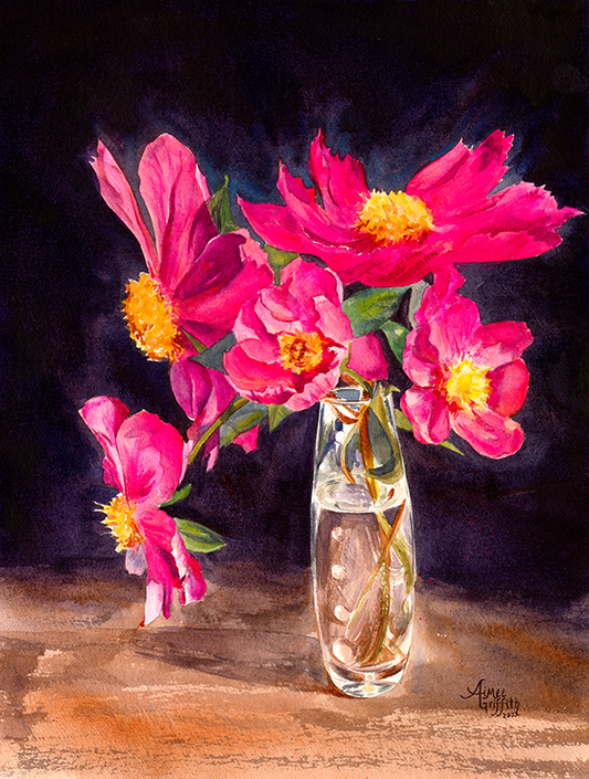 Seeking Sunbeams: A Vibrant Watercolor Print of Pink Peonies